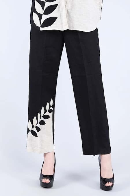 Linen Bloom_Beige Linen Embroidery Shawl Neck Leaf Color Block Shirt And Pant Set _Online_at_Aza_Fashions