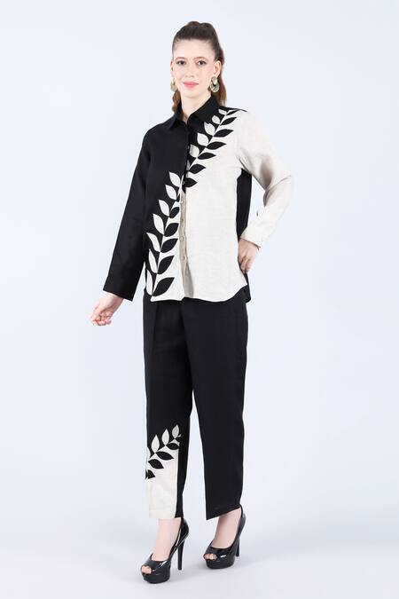 Buy_Linen Bloom_Beige Linen Embroidery Shawl Neck Leaf Color Block Shirt And Pant Set _Online_at_Aza_Fashions