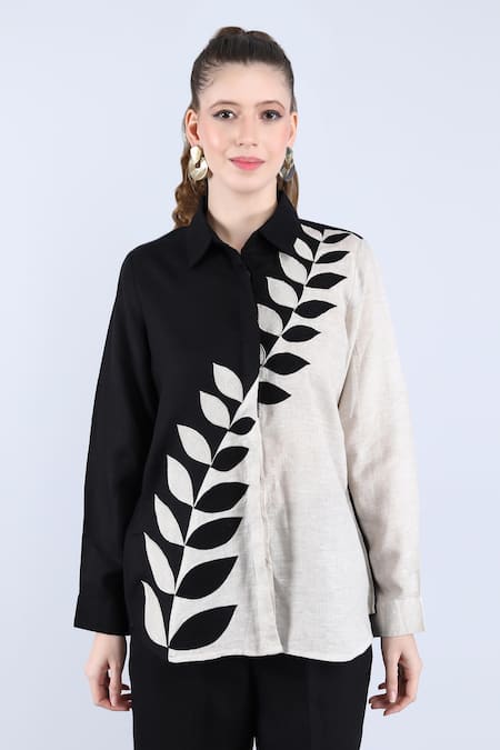 Shop_Linen Bloom_Beige Linen Embroidery Shawl Neck Leaf Color Block Shirt And Pant Set _Online_at_Aza_Fashions