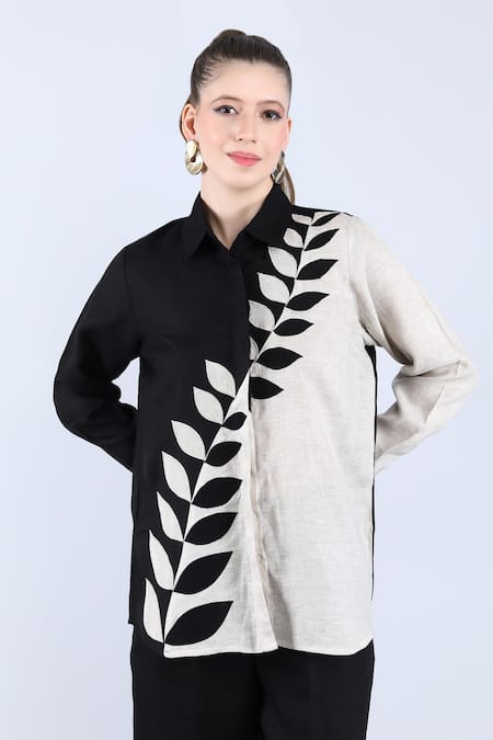 Linen Bloom_Beige Linen Embroidery Shawl Neck Leaf Color Block Shirt And Pant Set _at_Aza_Fashions