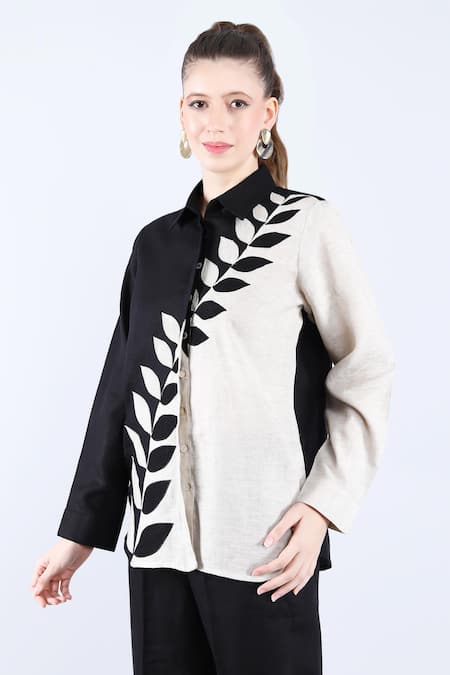 Buy_Linen Bloom_Beige Linen Embroidery Shawl Neck Leaf Color Block Shirt And Pant Set 