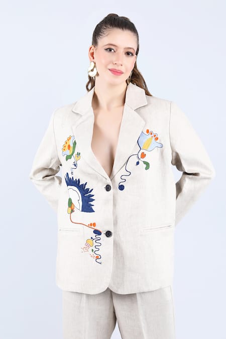 Linen Bloom Floral Embroidered Blazer 