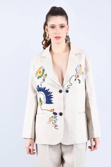 Linen Bloom_Beige Linen Embroidery Floral Thread Blazer _Online_at_Aza_Fashions