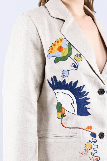 Linen Bloom_Beige Linen Embroidery Floral Thread Blazer _at_Aza_Fashions