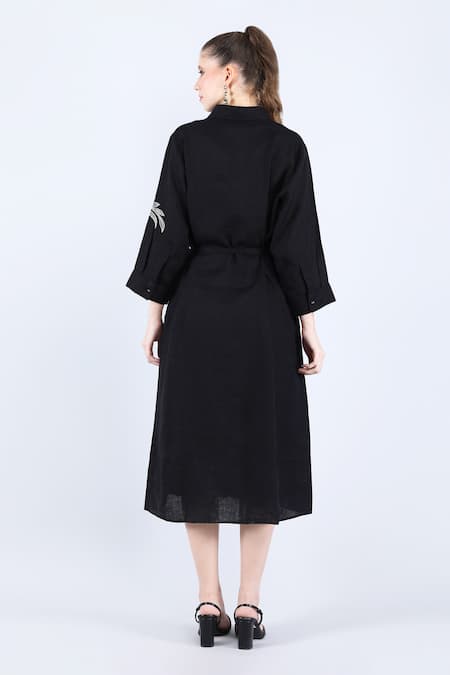 Linen Bloom Black Embroidered Linen Shirt Dress 