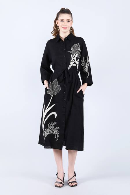 Linen Bloom Black Linen Embroidery, Applique Collared Shirt Dress Online at Aza Fashions Linen Bloom_Black Linen Embroidery, Applique Collared Shirt Dress _Online_at_Aza_Fashions