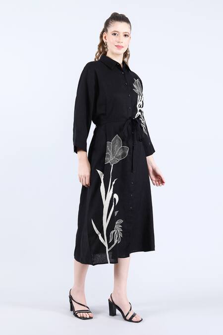 Buy Linen Bloom Black Linen Embroidery, Applique Collared Shirt Dress Online at Aza Fashions Buy_Linen Bloom_Black Linen Embroidery, Applique Collared Shirt Dress _Online_at_Aza_Fashions