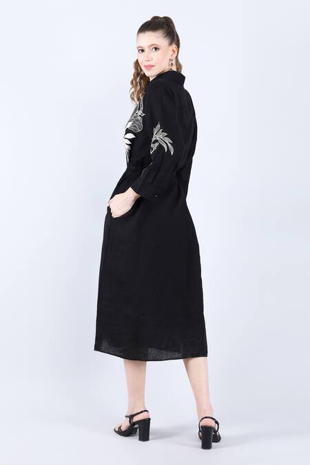 Shop Linen Bloom Black Linen Embroidery, Applique Collared Shirt Dress Online at Aza Fashions Shop_Linen Bloom_Black Linen Embroidery, Applique Collared Shirt Dress _Online_at_Aza_Fashions