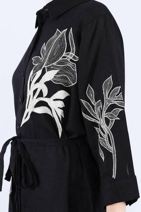 Linen Bloom Black Linen Embroidery, Applique Collared Shirt Dress at Aza Fashions Linen Bloom_Black Linen Embroidery, Applique Collared Shirt Dress _at_Aza_Fashions