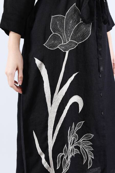 Buy Linen Bloom Black Linen Embroidery, Applique Collared Shirt Dress Buy_Linen Bloom_Black Linen Embroidery, Applique Collared Shirt Dress