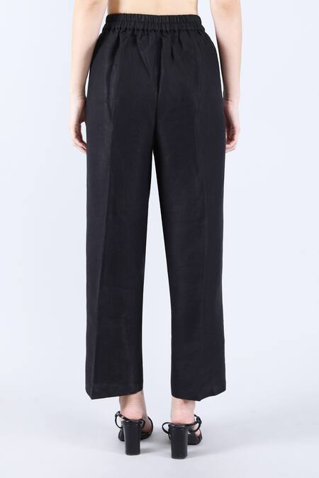 Linen Bloom_Black 100% Pure Linen Solid Straight Pant _at_Aza_Fashions