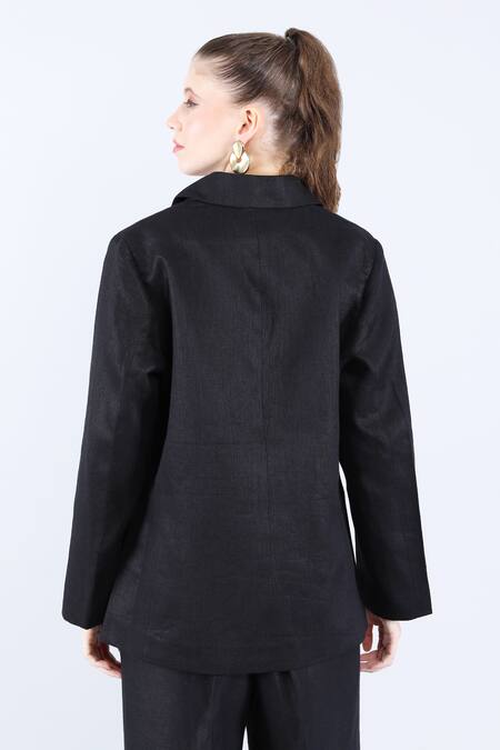Shop_Linen Bloom_Black 100% Pure Linen Embellished Applique Lapel Collar Floral Blazer _at_Aza_Fashions