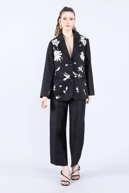 Linen Bloom_Black 100% Pure Linen Embellished Applique Lapel Collar Floral Blazer _Online_at_Aza_Fashions
