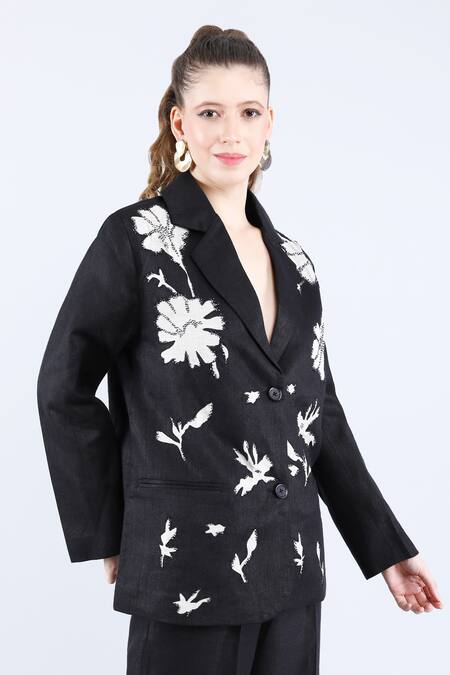 Linen Bloom_Black 100% Pure Linen Embellished Applique Lapel Collar Floral Blazer _at_Aza_Fashions