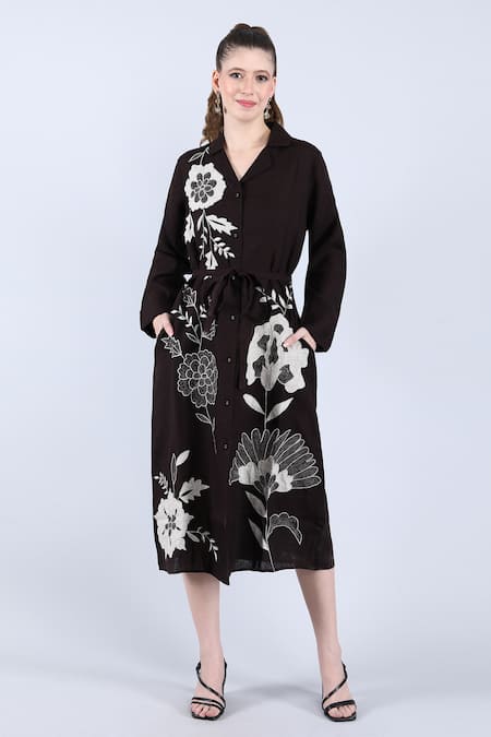 Linen Bloom Floral Applique Shirt Dress 