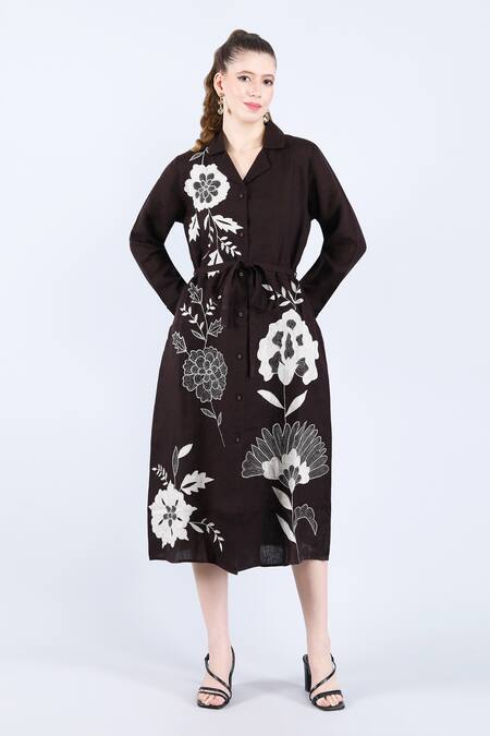 Linen Bloom_Brown Linen Applique, Embroidery Collared Floral Shirt Dress _Online_at_Aza_Fashions