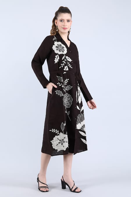 Buy_Linen Bloom_Brown Linen Applique, Embroidery Collared Floral Shirt Dress _Online_at_Aza_Fashions