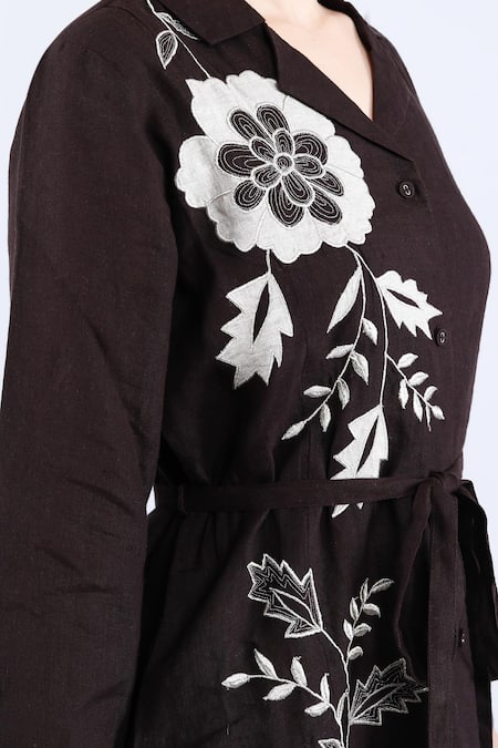 Shop_Linen Bloom_Brown Linen Applique, Embroidery Collared Floral Shirt Dress _Online_at_Aza_Fashions