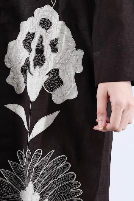 Linen Bloom_Brown Linen Applique, Embroidery Collared Floral Shirt Dress _at_Aza_Fashions