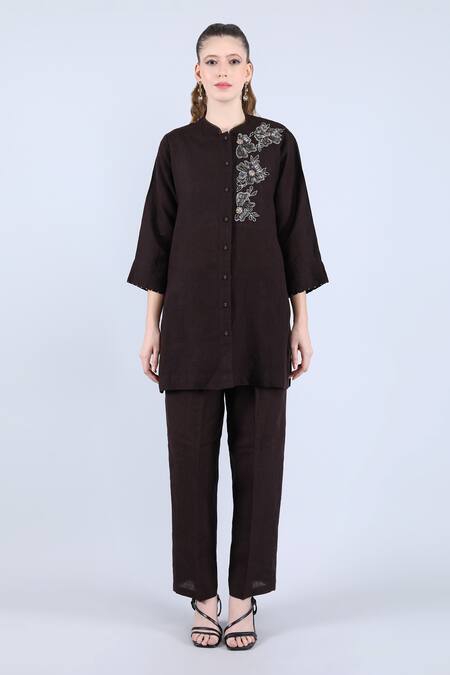 Linen Bloom_Black Linen Sequins, Beads Mandarin Collar Floral Embroidered Tunic And Pant Set _Online_at_Aza_Fashions