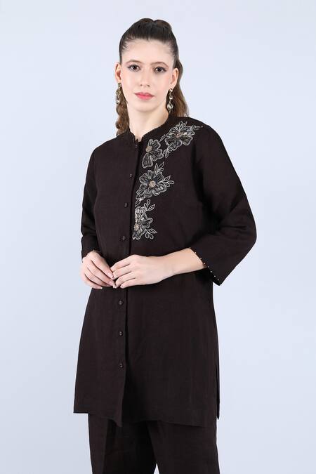 Buy_Linen Bloom_Black Linen Sequins, Beads Mandarin Collar Floral Embroidered Tunic And Pant Set _Online_at_Aza_Fashions