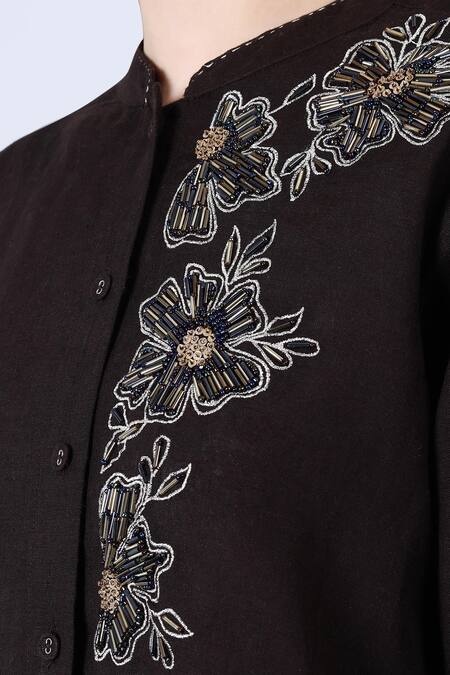 Shop_Linen Bloom_Black Linen Sequins, Beads Mandarin Collar Floral Embroidered Tunic And Pant Set _Online_at_Aza_Fashions