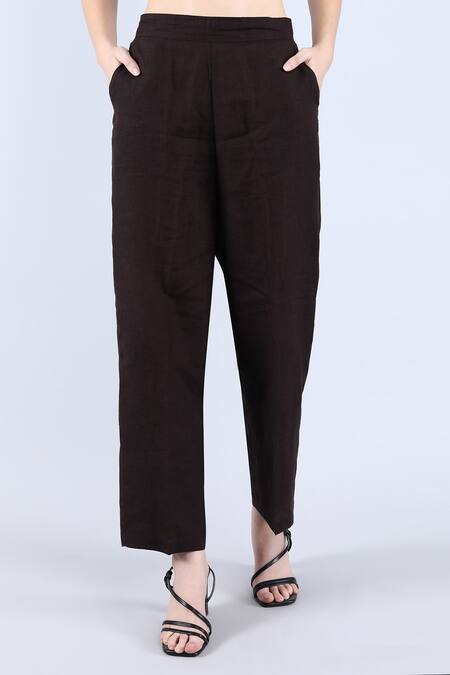 Linen Bloom_Black Linen Sequins, Beads Mandarin Collar Floral Embroidered Tunic And Pant Set _at_Aza_Fashions