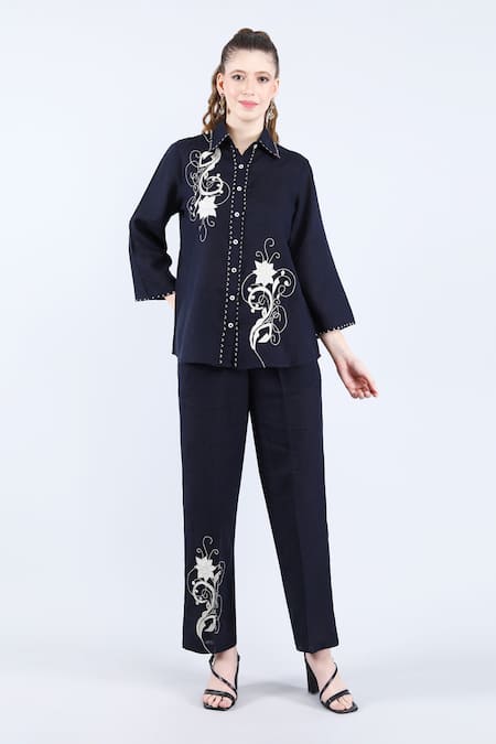 Linen Bloom Floral Swirl Applique Shirt With Pant 