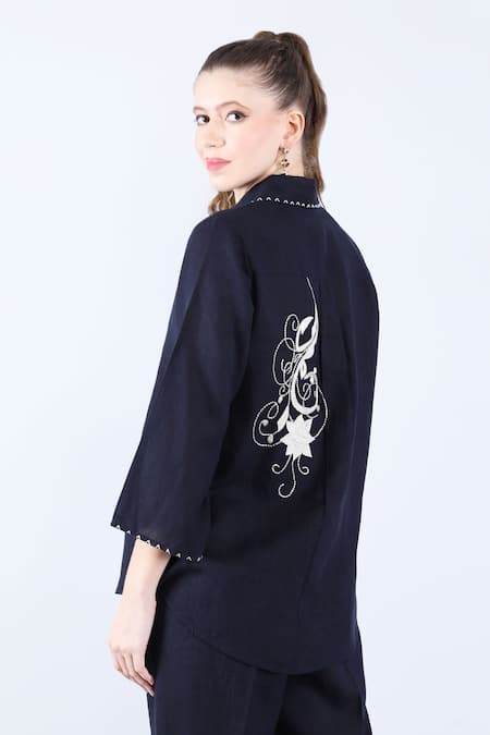 Linen Bloom Navy Blue Applique Shirt & Pant Set 