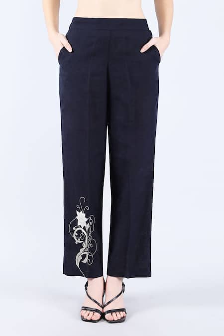 Linen Bloom_Blue Linen Applique, Beads Shawl Neck Navy Shirt And Pant Set _Online_at_Aza_Fashions