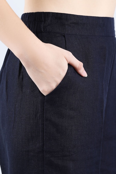 Buy_Linen Bloom_Blue Linen Applique, Beads Shawl Neck Navy Shirt And Pant Set _Online_at_Aza_Fashions