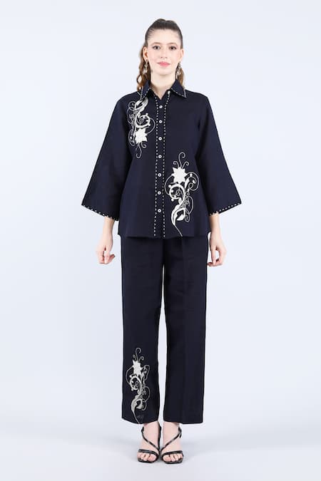 Shop_Linen Bloom_Blue Linen Applique, Beads Shawl Neck Navy Shirt And Pant Set _Online_at_Aza_Fashions
