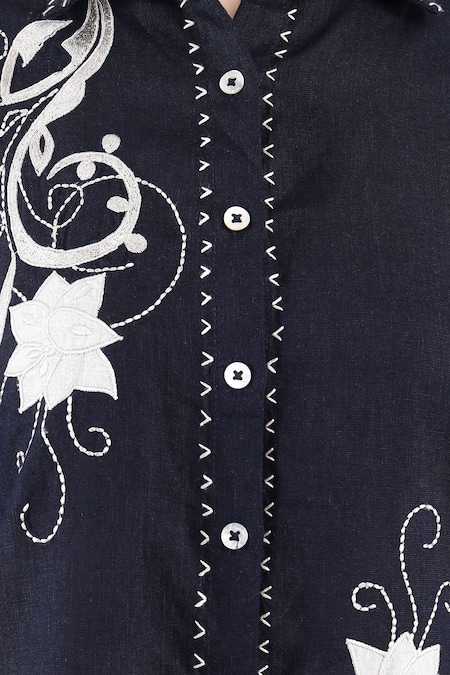 Linen Bloom_Blue Linen Applique, Beads Shawl Neck Navy Shirt And Pant Set _at_Aza_Fashions