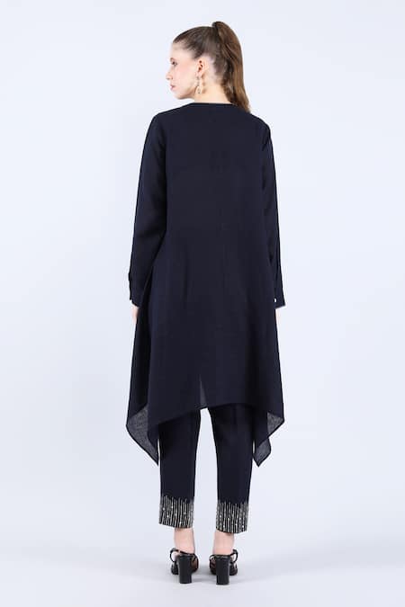 Linen Bloom Navy Blue Bead Sequin High-Low Tunic & Pant 