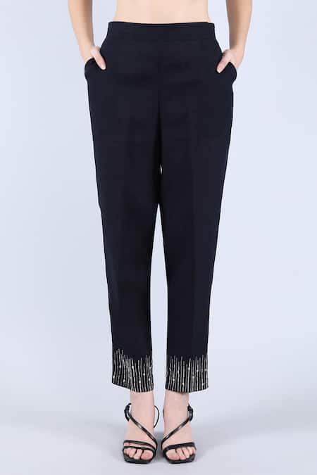 Linen Bloom_Navy Linen Beads, Sequins Mandarin Collar Blue High-low Tunic And Pant _Online_at_Aza_Fashions