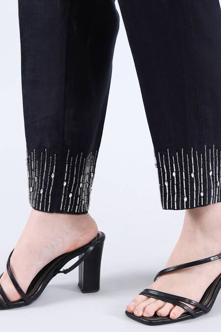 Buy_Linen Bloom_Navy Linen Beads, Sequins Mandarin Collar Blue High-low Tunic And Pant _Online_at_Aza_Fashions