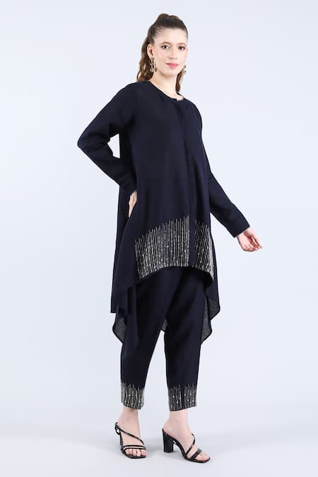 Linen Bloom_Navy Linen Beads, Sequins Mandarin Collar Blue High-low Tunic And Pant _at_Aza_Fashions