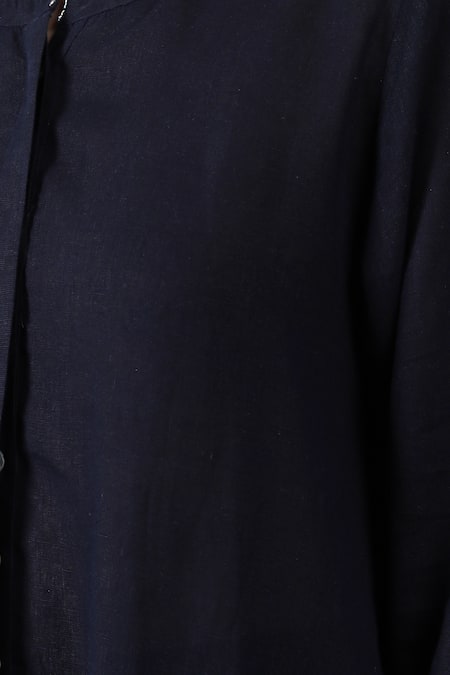 Buy_Linen Bloom_Navy Linen Beads, Sequins Mandarin Collar Blue High-low Tunic And Pant 