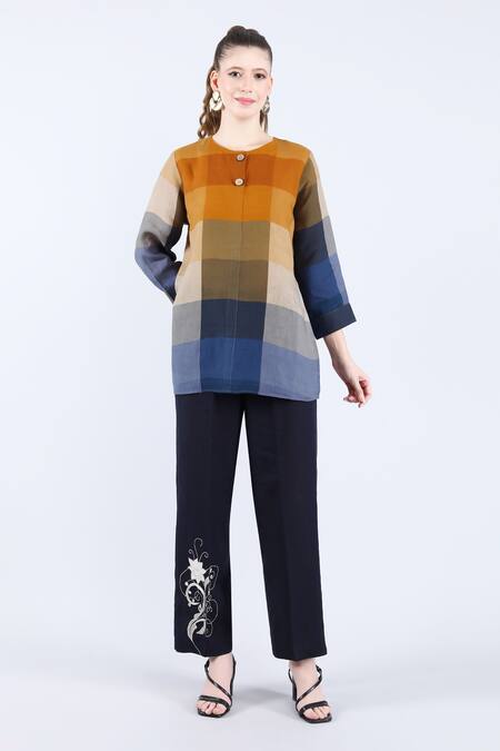 Buy_Linen Bloom_Multi Color Linen Round Neck Multicolored Gradient Checkered Tunic _Online_at_Aza_Fashions