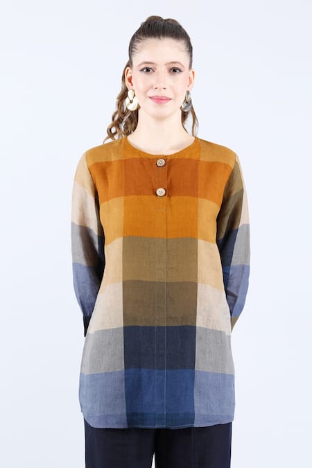 Shop_Linen Bloom_Multi Color Linen Round Neck Multicolored Gradient Checkered Tunic _Online_at_Aza_Fashions