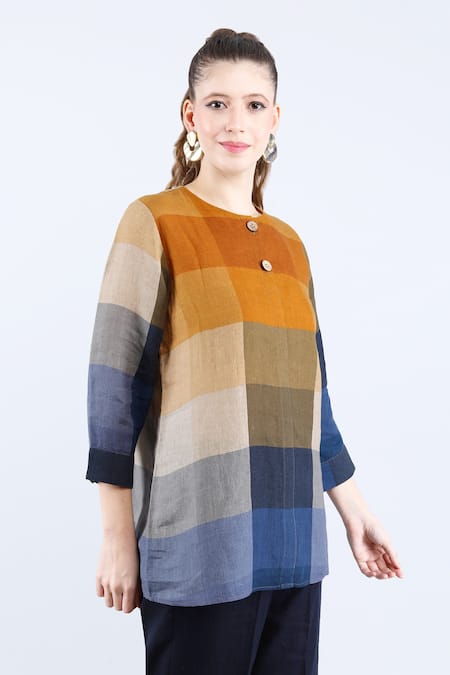Buy_Linen Bloom_Multi Color Linen Round Neck Multicolored Gradient Checkered Tunic 