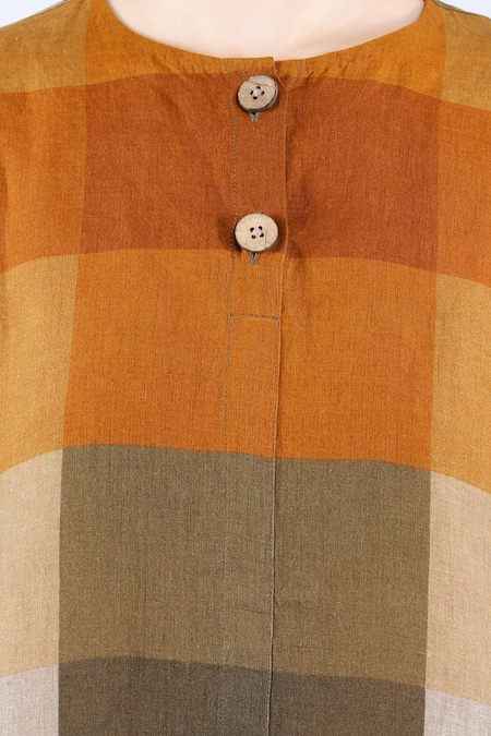 Shop_Linen Bloom_Multi Color Linen Round Neck Multicolored Gradient Checkered Tunic 