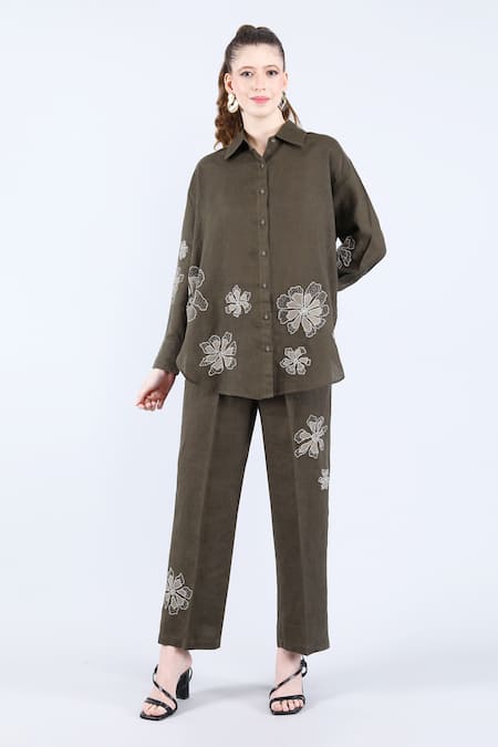 Linen Bloom Floral Applique Shirt With Pant 