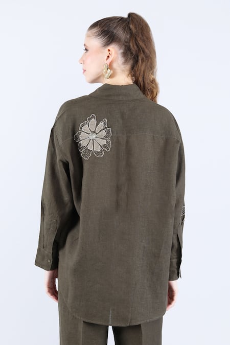 Linen Bloom Floral Applique Linen Shirt & Pant Set 