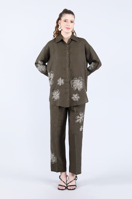Linen Bloom_Green Linen Applique, Beads Collared Floral Shirt And Pant Set _Online_at_Aza_Fashions