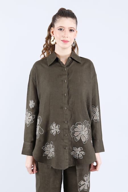 Buy_Linen Bloom_Green Linen Applique, Beads Collared Floral Shirt And Pant Set _Online_at_Aza_Fashions