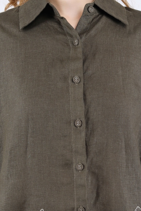 Shop_Linen Bloom_Green Linen Applique, Beads Collared Floral Shirt And Pant Set _Online_at_Aza_Fashions