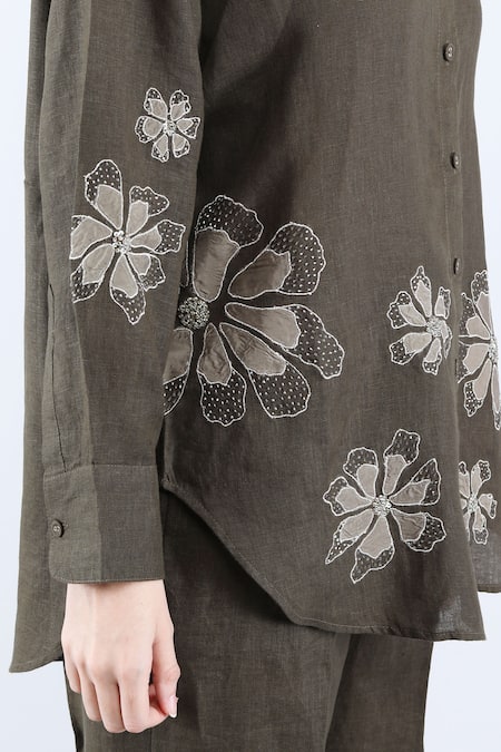 Linen Bloom_Green Linen Applique, Beads Collared Floral Shirt And Pant Set _at_Aza_Fashions