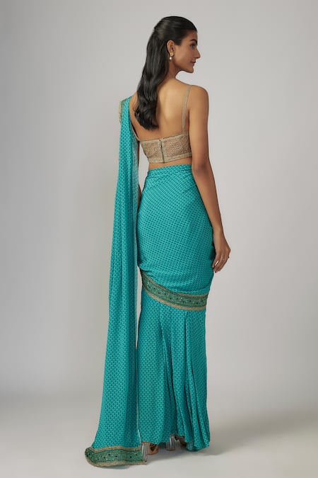 Sandhya Shah Embroidered Blue Pre-Draped Saree & Blouse 