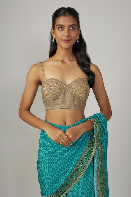 Sandhya Shah Gold Crepe Beads, Embroidery Sweetheart Neck Blue Pre-draped Saree And Blouse Online at Aza Fashions Sandhya Shah_Gold Crepe Beads, Embroidery Sweetheart Neck Blue Pre-draped Saree And Blouse _Online_at_Aza_Fashions